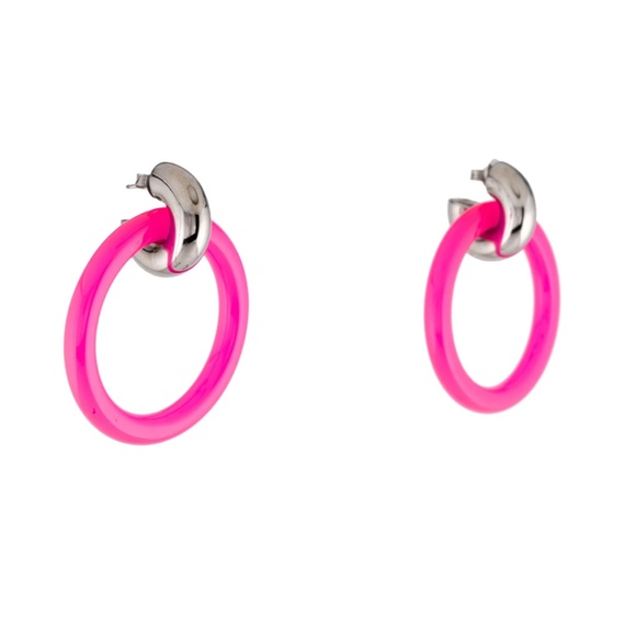 Balenciaga NEW Authentic Neon HOT Pink resin hoops with silver post backs - Picture 5 of 6